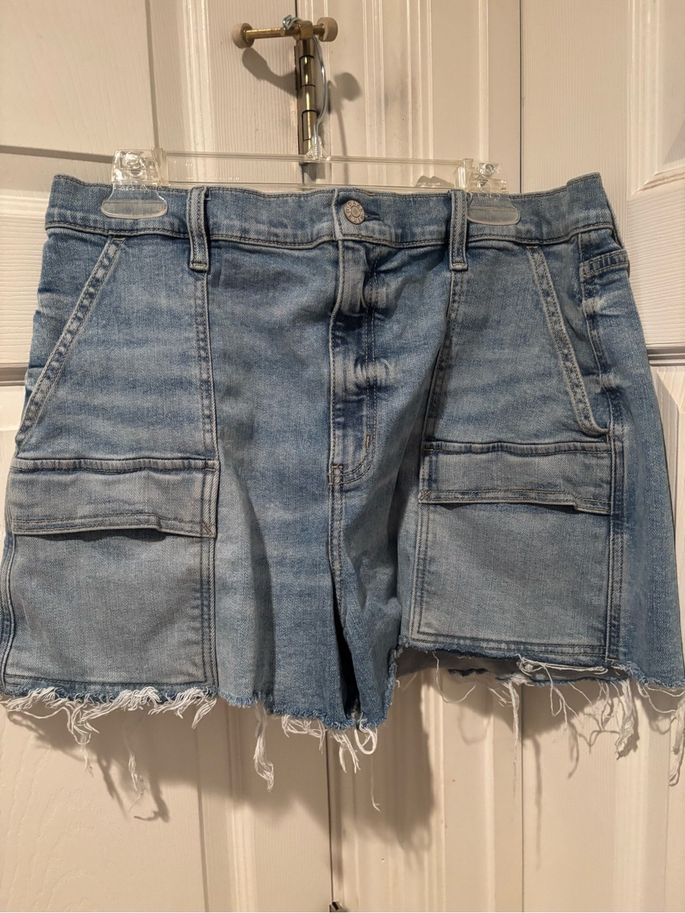 Light Blue Denim Cargo Jean Shorts with Frayed Hem